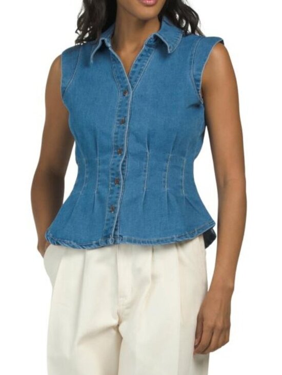 Bagatelle Collection Tops - BAGATELLE COLLECTION Denim Cinched Waist Collared Top